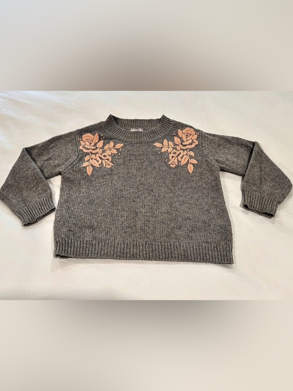 Morley Floral Embroidered Crewneck Sweater - Gray & Blush Pink